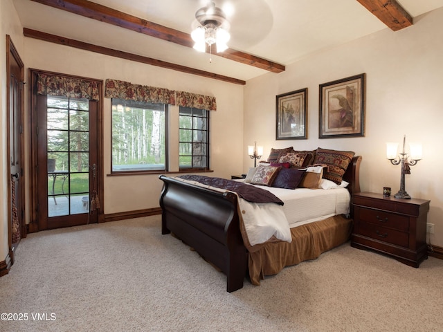 140 Elk Woods Rd, Edwards, CO 81632 - bedroom featuring beamed ceiling, light colored carpet, access to outside, and a ceiling fan