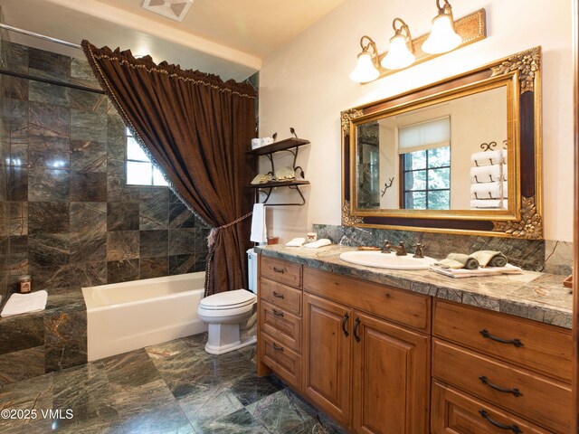 140 Elk Woods Rd, Edwards, CO 81632 - full bathroom with shower / tub combo with curtain, vanity, and marble finish flooring