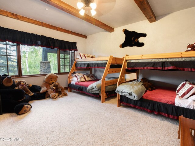 140 Elk Woods Rd, Edwards, CO 81632 - carpeted bedroom with beam ceiling and ceiling fan