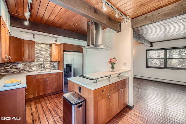 kitchen with stainless steel fridge, wood ceiling, island exhaust hood, rail lighting, and light wood-style flooring