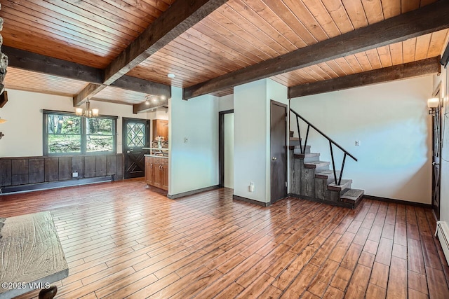 unfurnished living room with an inviting chandelier, beam ceiling, wood finished floors, baseboard heating, and wood ceiling