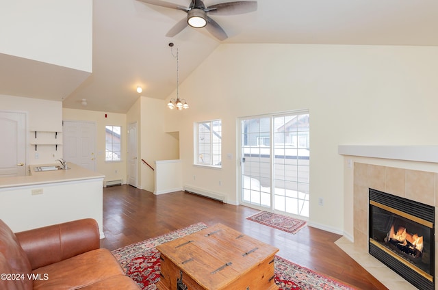 living room with a tiled fireplace, a wealth of natural light, and a baseboard radiator