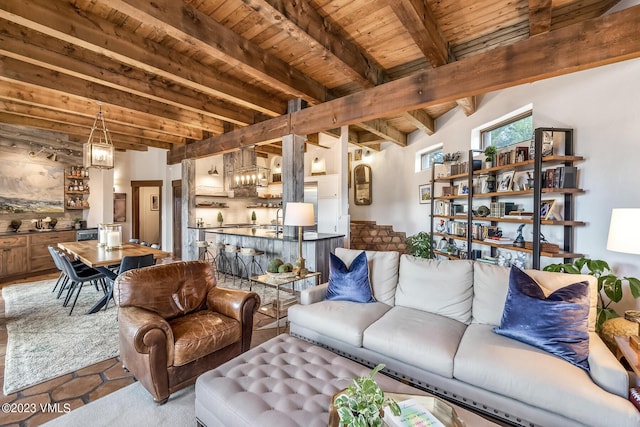 767 Charolais Cir, Edwards, CO 81632 - tiled living room with a wooden ceiling with exposed beams