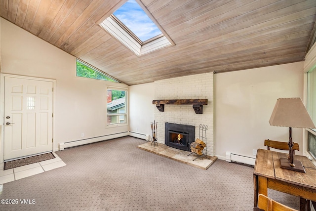 929 Red Sandstone Rd Unit 15D, Vail, CO 81657 - living area featuring lofted ceiling, a baseboard radiator, wood ceiling, carpet flooring, and a skylight