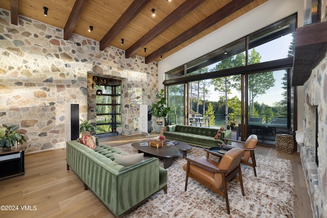 living area with lofted ceiling with beams, wooden ceiling, and light wood-style floors