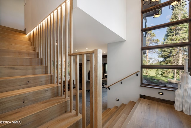 stairway with a high ceiling and wood finished floors