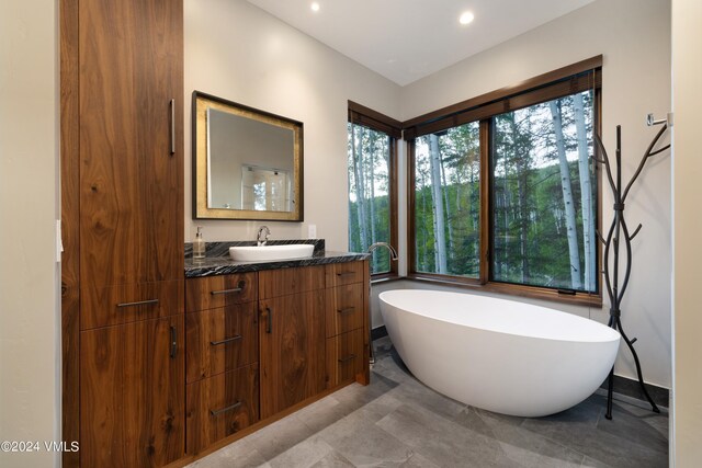 full bathroom featuring recessed lighting, a freestanding tub, and vanity