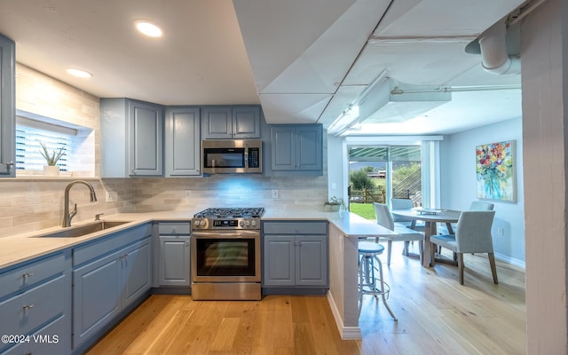 kitchen featuring appliances with stainless steel finishes, sink, backsplash, and light hardwood / wood-style floors