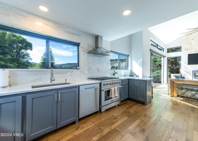 kitchen featuring sink, appliances with stainless steel finishes, gray cabinetry, wood-type flooring, and wall chimney exhaust hood