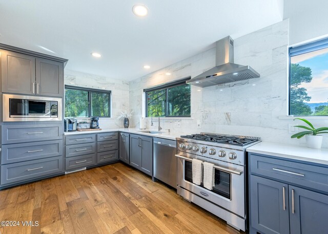 kitchen with gray cabinets, appliances with stainless steel finishes, sink, island exhaust hood, and light hardwood / wood-style floors