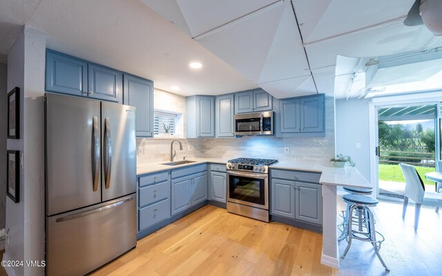 kitchen with sink, appliances with stainless steel finishes, backsplash, a kitchen bar, and light wood-type flooring