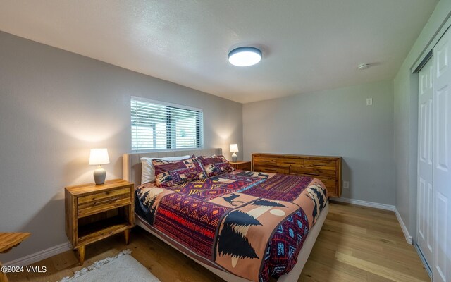 bedroom with light hardwood / wood-style flooring and a closet