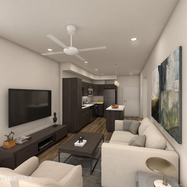 1281 N Frontage Rd W Unit A303, Vail, CO 81657 - living area featuring a ceiling fan, wood finished floors, and recessed lighting