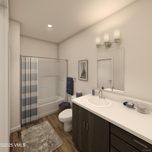 1281 N Frontage Rd W Unit A303, Vail, CO 81657 - full bathroom with wood finished floors, vanity, shower / bath combo with shower curtain, and recessed lighting