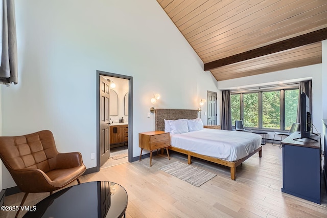 1750 S Frontage Rd W Unit E-3, Vail, CO 81657 - bedroom featuring light wood-style floors, high vaulted ceiling, a wooden ceiling with exposed beams, and ensuite bathroom