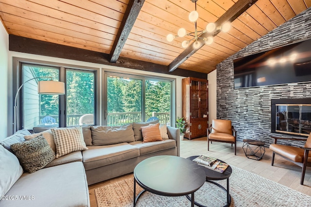 1750 S Frontage Rd W Unit E-3, Vail, CO 81657 - living room with wood ceiling, hardwood / wood-style flooring, a chandelier, and a stone fireplace