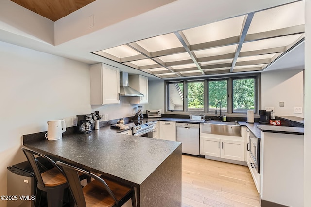 1750 S Frontage Rd W Unit E-3, Vail, CO 81657 - kitchen with dishwasher, wall chimney range hood, a peninsula, stainless steel electric range, and light wood-type flooring