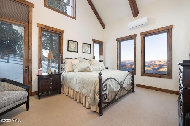 bedroom featuring beamed ceiling, light colored carpet, an AC wall unit, and high vaulted ceiling