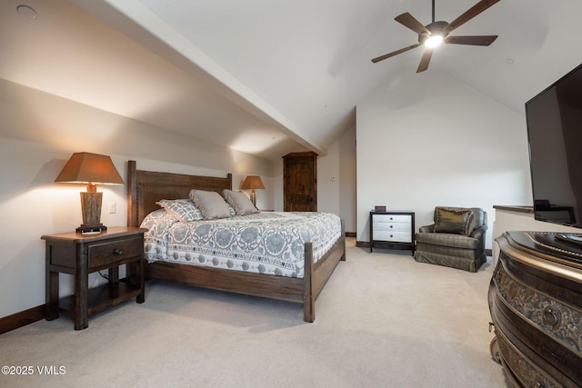 bedroom with light carpet, baseboards, lofted ceiling, and a ceiling fan