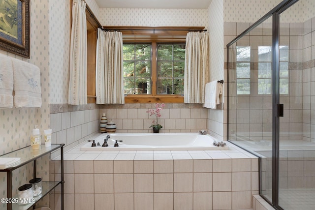 124 Grey Hawk Ln, Edwards, CO 81632 - full bathroom featuring wallpapered walls, a shower stall, and a bath