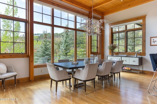 124 Grey Hawk Ln, Edwards, CO 81632 - dining space featuring wood ceiling with exposed beams, light wood-style flooring, a chandelier, and baseboards