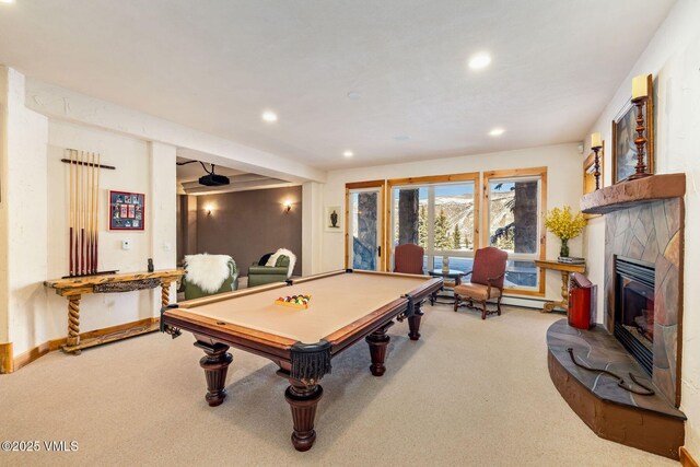 game room featuring pool table and carpet flooring