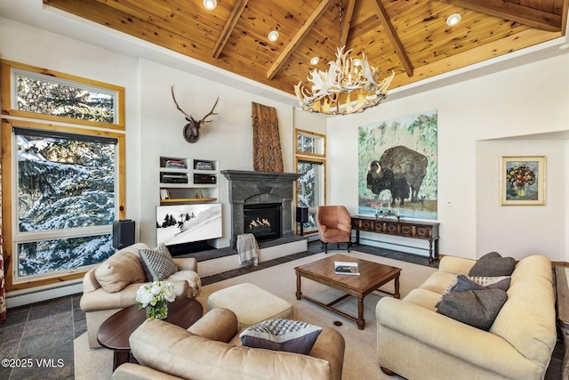 living room featuring wood ceiling, a baseboard radiator, beam ceiling, and an inviting chandelier