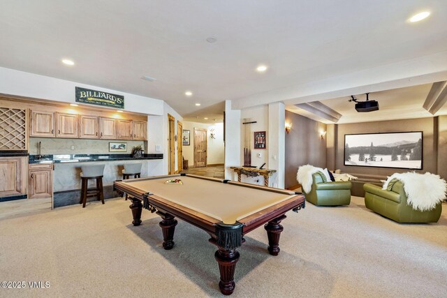 playroom featuring light colored carpet, billiards, and indoor wet bar