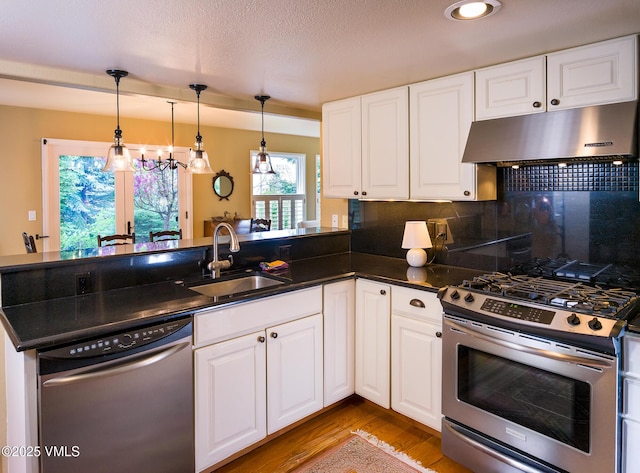 130 Morgan Dr Unit B, Edwards, CO 81632 - kitchen featuring stainless steel appliances, under cabinet range hood, a sink, a peninsula, and light wood-style flooring