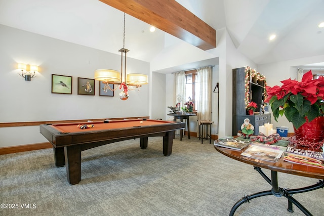 recreation room with pool table, carpet floors, and vaulted ceiling with beams