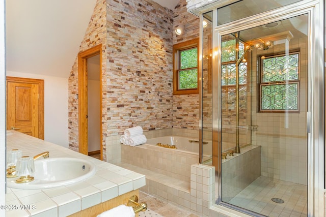 60 Elk Track Ct, Beaver Creek, CO 81620 - bathroom with a stall shower, a bath, a chandelier, vanity, and tile patterned flooring