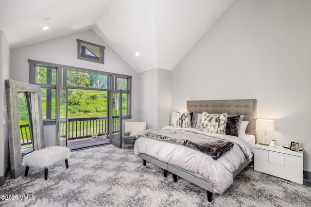 25 W Timber Draw Dr, Edwards, CO 81632 - carpeted bedroom featuring access to outside, recessed lighting, and high vaulted ceiling