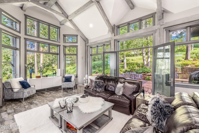 25 W Timber Draw Dr, Edwards, CO 81632 - sunroom featuring beamed ceiling, high vaulted ceiling, and wood finished floors