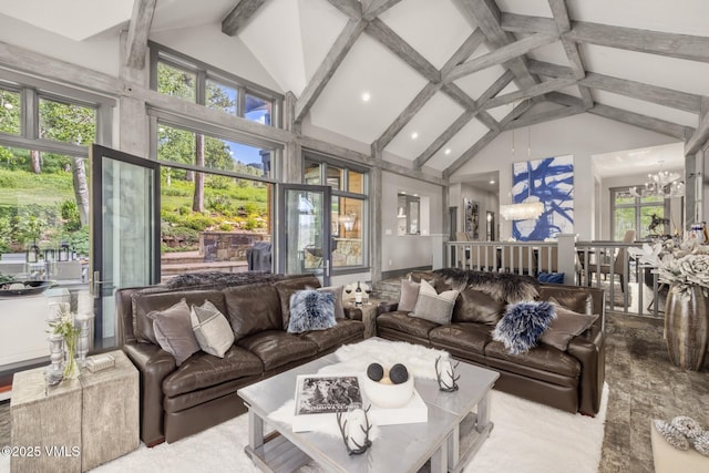 25 W Timber Draw Dr, Edwards, CO 81632 - living room with a chandelier, beamed ceiling, high vaulted ceiling, and recessed lighting