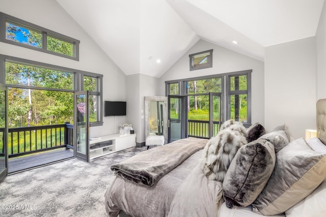 25 W Timber Draw Dr, Edwards, CO 81632 - carpeted bedroom featuring access to exterior, high vaulted ceiling, multiple windows, and recessed lighting