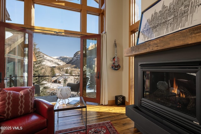 living area with baseboards, a glass covered fireplace, a towering ceiling, wood finished floors, and a mountain view