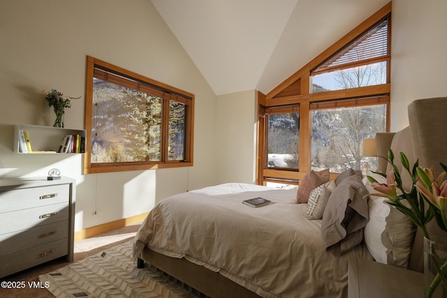 bedroom with carpet and vaulted ceiling