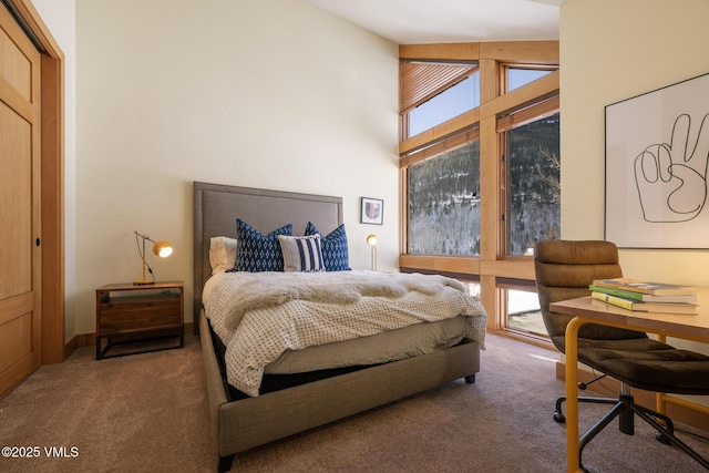 carpeted bedroom with multiple windows and a towering ceiling