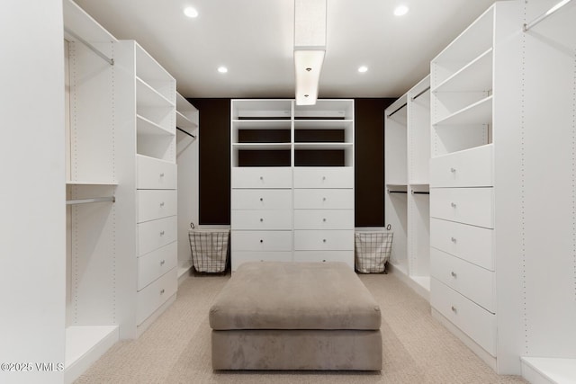 spacious closet featuring light colored carpet