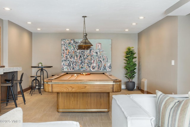 game room with baseboards, pool table, a baseboard radiator, and recessed lighting