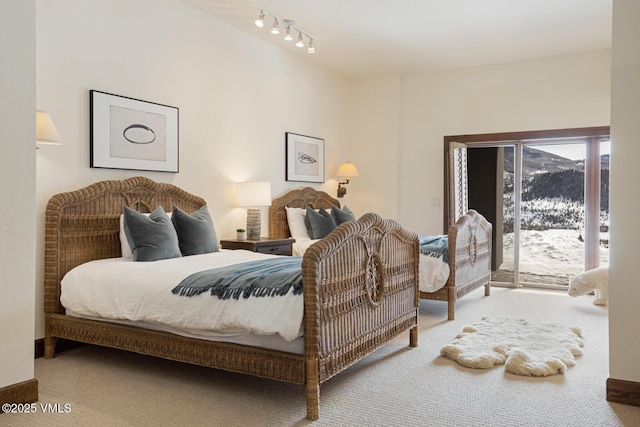 carpeted bedroom featuring access to exterior and rail lighting