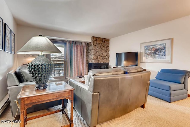 carpeted living room with a fireplace