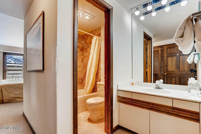 bathroom with toilet, shower / bath combination with curtain, and vanity