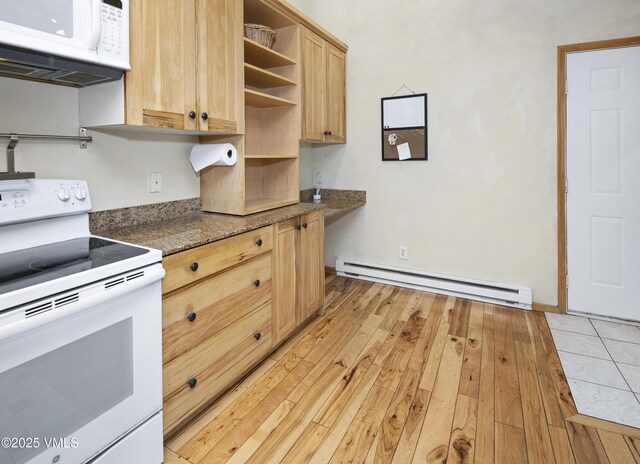 1050 W Beaver Creek Blvd Unit 201, Avon, CO 81620 - kitchen featuring white appliances, a baseboard radiator, open shelves, light wood finished floors, and light brown cabinets
