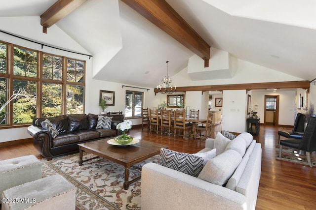 living area featuring beam ceiling, high vaulted ceiling, an inviting chandelier, and wood finished floors