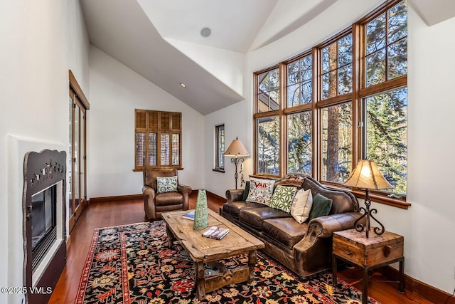 living room with a glass covered fireplace, wood finished floors, baseboards, and high vaulted ceiling