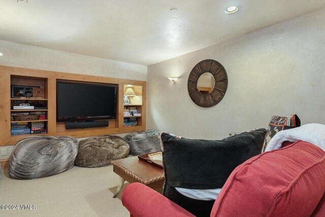 living room featuring carpet and built in shelves