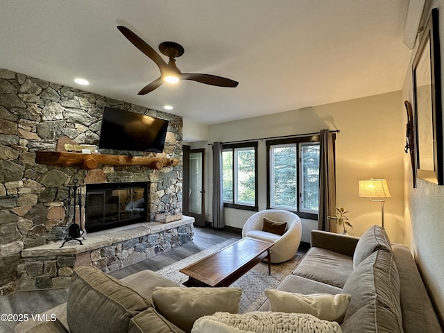 120 Offerson Rd Unit A160, Beaver Creek, CO 81620 - living room featuring ceiling fan, a fireplace, and wood finished floors