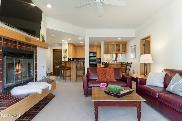 120 Offerson Rd Unit 2320, Beaver Creek, CO 81620 - living room featuring a fireplace, ceiling fan, light carpet, and recessed lighting