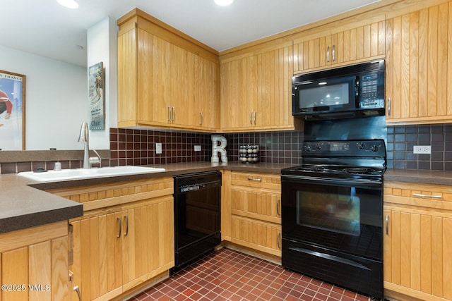 120 Offerson Rd Unit 2320, Beaver Creek, CO 81620 - kitchen with black appliances, light brown cabinetry, tasteful backsplash, and dark countertops